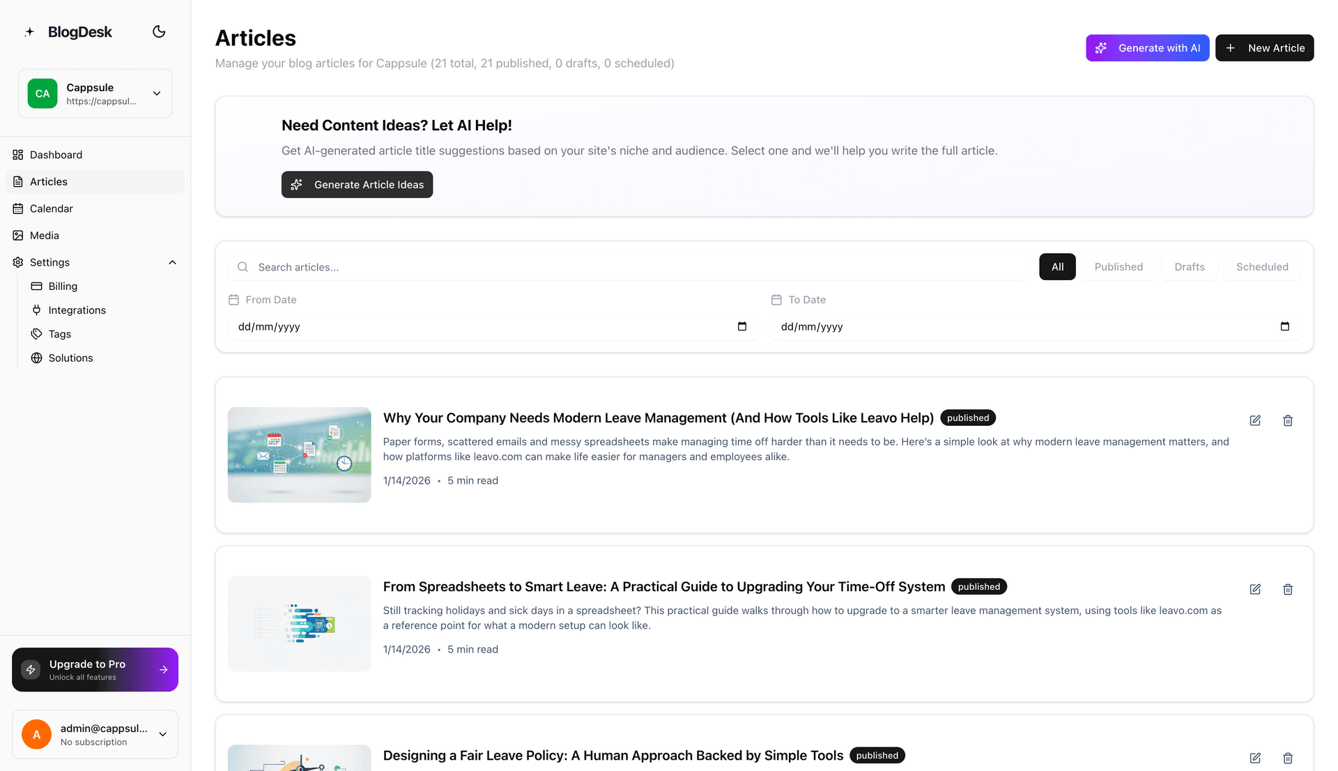 BlogDesk AI blog writer dashboard for Shopify auto-publishing