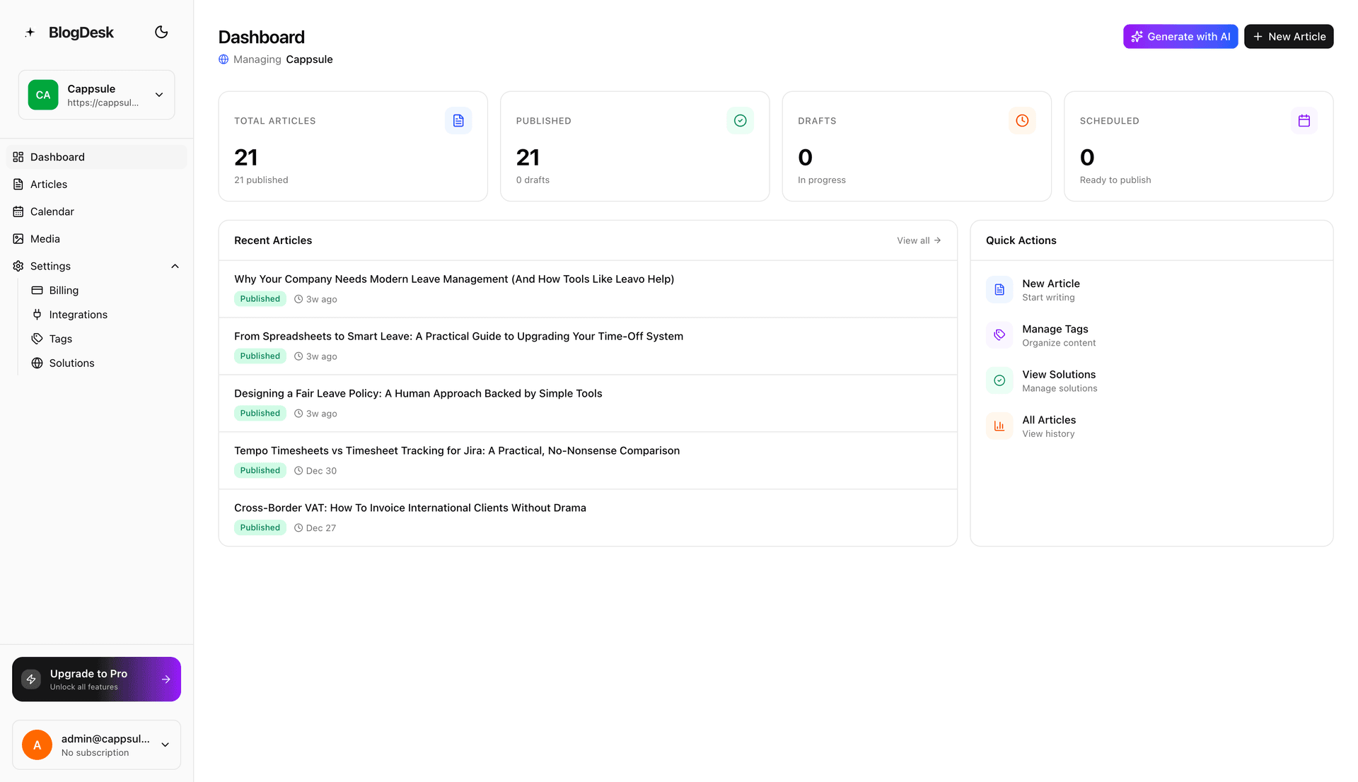 BlogDesk AI blog writer dashboard for WordPress auto-publishing
