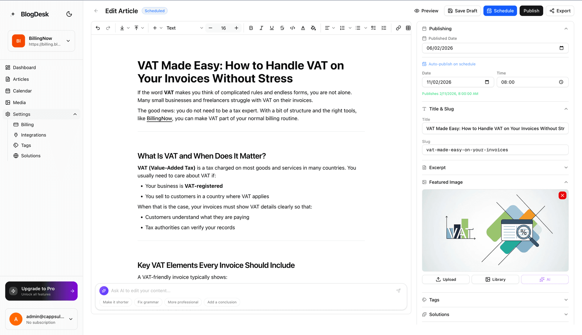 BlogDesk AI blog writer dashboard for AI SEO Writer auto-publishing