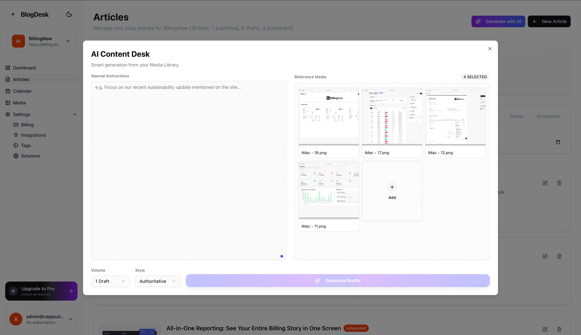 BlogDesk AI blog writer dashboard for AI Blog Generator auto-publishing
